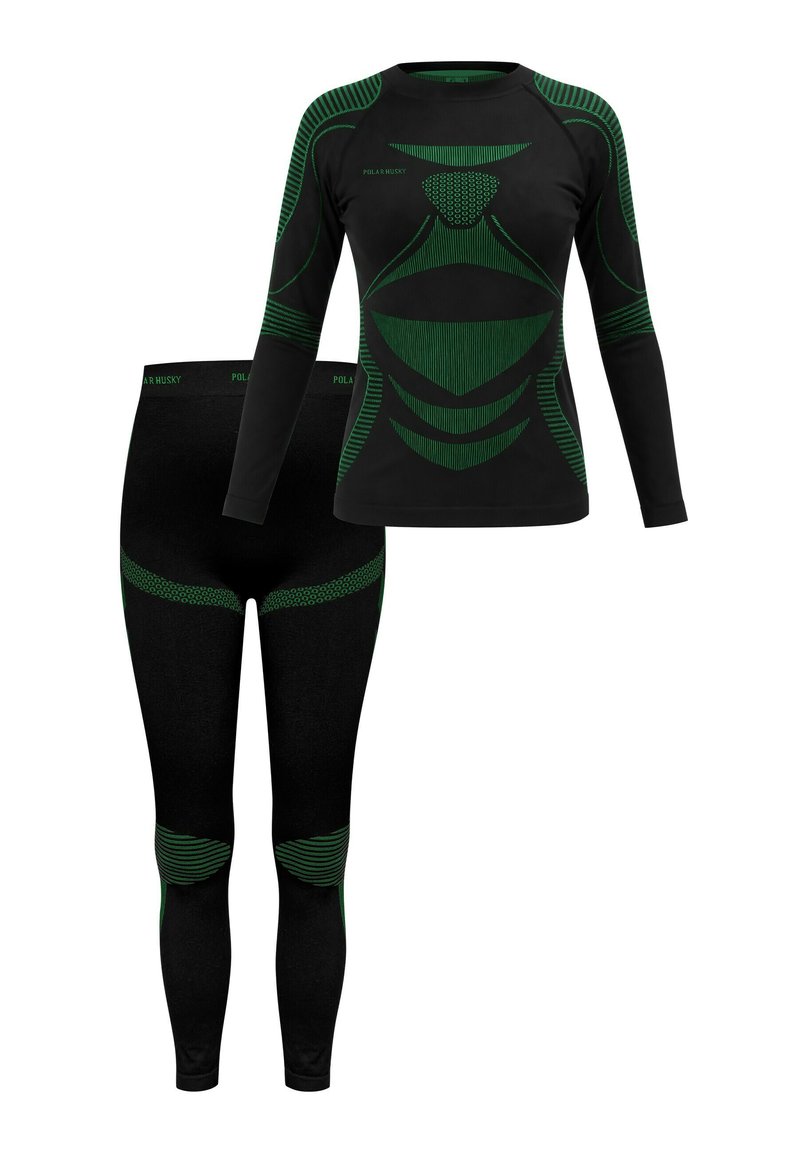 Zweiteiliges Thermo-Set bestehend aus einem langärmligen Oberteil und Leggings in Schwarz, mit grünen Akzentmustern und strukturierten Designs auf dem Stoff.