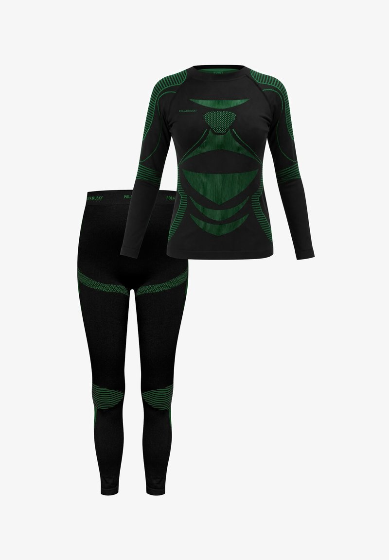 Zweiteiliges Thermo-Set bestehend aus einem langärmligen Oberteil und Leggings in Schwarz, mit grünen Akzentmustern und strukturierten Designs auf dem Stoff.