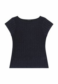 Navy blue short-sleeve top with ribbed texture and a wide neck. Fabric has a subtle shimmer. Smooth fit, designed for casual wear.