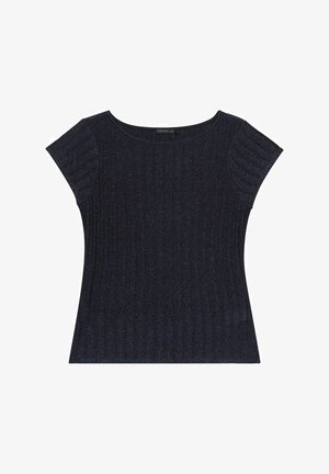 Dunkelblaues Kurzarmoberteil mit gerippter Textur und weitem Ausschnitt. Der Stoff hat einen subtilen Schimmer. Glatte Passform, entworfen für legere Kleidung.