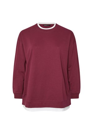 Bordeaux langærmet sweatshirt med hvid crew neck krave og et hvidt lag, der stikker ud ved kanten, løs pasform.