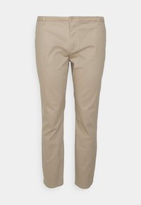 Chino in cotone beige con taglio dritto, dotati di chiusura con bottone e cerniera, passanti per cintura e tasche frontali classiche. Tessuto morbido.