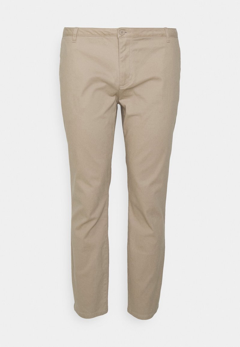 Chino in cotone beige con taglio dritto, dotati di chiusura con bottone e cerniera, passanti per cintura e tasche frontali classiche. Tessuto morbido.