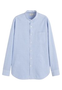 Camicia a maniche lunghe, con bottoni, di colore azzurro chiaro con strisce verticali bianche, dotata di colletto tondo e di una singola tasca sul petto. Tessuto in cotone.