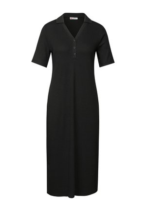 Abito in stile polo nero con maniche corte, lungo fino al ginocchio, caratterizzato da un colletto a V e tre bottoni davanti, realizzato in un tessuto a coste.