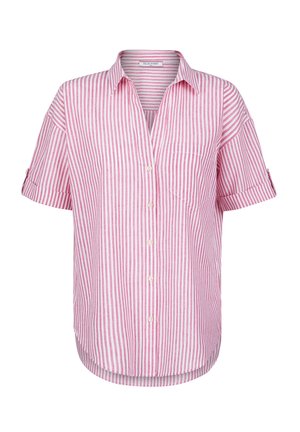 Chemise à manches courtes avec des rayures verticales rose et blanches, devant boutonné, poche poitrine unique et ourlet arrondi. En coton.