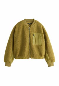 Vojaška jakna iz flisa olivno zelene barve z zadrgo spredaj, našitki na komolcih, rebrastimi zapestji in žepom za zadrgo na levi strani prsi.