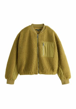 Olivengrøn fleece bomberjakke med lynlås foran, quiltede albuepatches, ribbede manchetter og en lynlåslomme på venstre bryst.