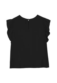 Blusa nera con maniche corte a ruffle, dettaglio a chiave sul retro e una silhouette drappeggiata in modo morbido. Tessuto liscio e leggero.