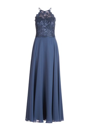 Navyblauwe vloer-length jurk met een aansluitend kanten lijfje met ingewikkelde bloemenpatronen en dunne bandjes, soepel vallende rok van zachte stof.