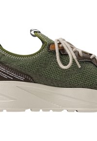Grønne strikkede sneakers med brune l�æderdetaljer og beige gummisål. Har rund tå, tekstureret finish og synlig snøring.