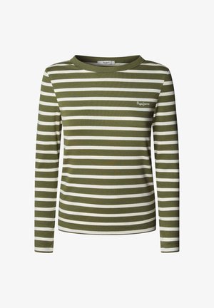 Roheline ja valge triibuline pikkade varrukatega särk, ribidega tekstuuriga, ümmarguse kaelusega ja väikese logotäpikuga rinnal.