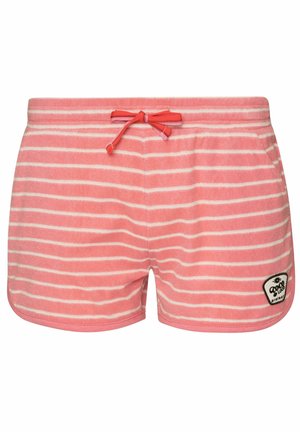 Shorts rayés rose en tissu texturé, présentant des rayures blanches, une fermeture à nouer à l'avant et un patch logo noir au niveau de l'ourlet.