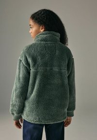 Grüner Fleece-Pullover mit hohem Kragen, der eine weiche Textur, gerippte Bündchen und eine sichtbare Naht am Rücken aufweist.