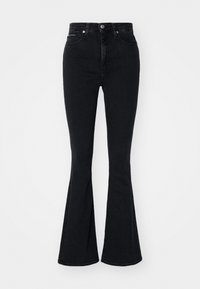 Calças jeans pretas largas com cintura alta, feitas de denim. Apresentam fecho frontal com botão, design clássico de cinco bolsos e ligeira textura.