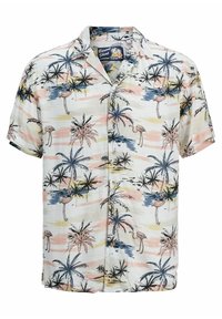 Camicia da resort a manica corta in tessuto leggero, caratterizzata da un motivo tropicale multicolore con palme e fenicotteri, chiusura frontale con bottoni.