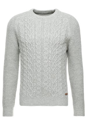 Pulover gri tricotat cu un design din tricot în cablu, guler rotund și manșete și tiv ribbed. Confeționat din fir texturat pentru confort termic.