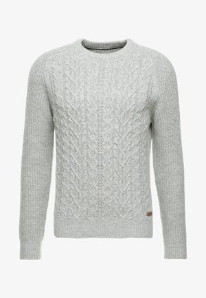 Gray knitted sweater featuring a cable-knit design, round neckline, and ribbed cuffs and hem. Made from textured yarn for warmth.