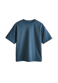 Sinise puuvillane t-särk ümmarguse kaelusega, lühikeste varrukatega ja lõdva lõikega. Ühtlane tekstuur, ilma mustrite või kaunistusteta.