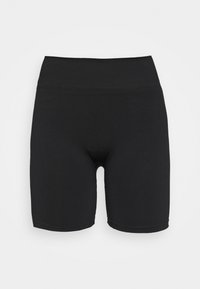 Černé přiléhavé šortky z měkké látky s elastickým pasem. Mají hladkou texturu bez viditelných vzorů či ozdob.