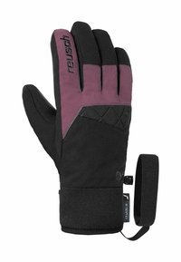 Schwarz-lila isolierte Handschuhe mit einer Ledersohle, strukturiertem Griffbereich, verstellbarem Handgelenkriemen und genähten Details auf der Oberseite.
