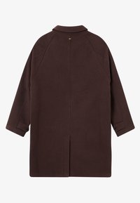 Brown, oversized coat with a notched collar, raglan sleeves, and buttoned cuffs; back features a central seam and a minimal design.