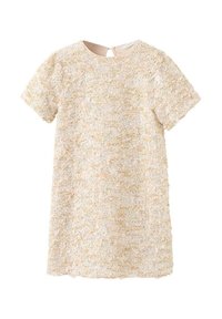 Sukienka z krótkim rękawem w kolorze kremowym z teksturowanymi, metalicznymi nitkami. Posiada okrągły dekolt oraz zapięcie z tyłu na kluczyk. Brak widocznych wzorów.
