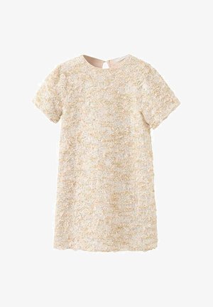 Kurzärmeliges Kleid in Creme mit strukturierten, metallischen Fäden. Es verfügt über einen runden Ausschnitt und einen Rückverschluss mit Schlitz. Keine sichtbaren Muster.