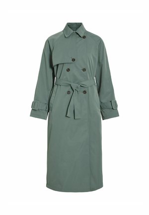 Grüner Trenchcoat aus glattem Stoff, mit doppelt geknöpfter Vorderseite, Gürtel in der Taille und verstellbaren Riemen an den Bündchen.