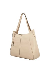 Beige leather tote bag with a smooth texture, two long handles, and decorative stitching. Features a keychain accent and subtle logo.