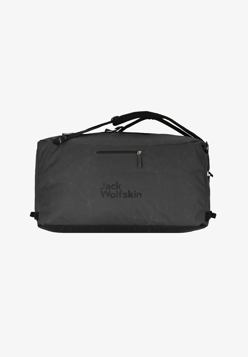 Schwarze Reisetasche aus strapazierfähigem Stoff, mit einer Reißverschlusstasche, einem verstellbaren Schulterriemen und einem großen Hauptfach. Logo auf der Vorderseite gedruckt.