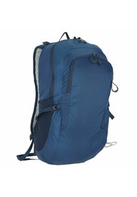 Zaino blu navy con una finitura liscia e testurizzata, dotato di duplice scomparto con cerniera, spallacci regolabili e una fibbia di compressione laterale.