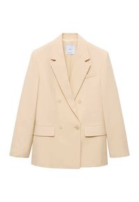 Blazer bej cu două rânduri de nasturi, cu revere tăiate, două buzunare frontale și un buzunar pe piept. Material neted cu formă structurată.
