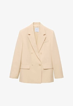 Beige double-breasted blazer with notched lapels, two front pockets, and a single chest pocket. Smooth fabric with structured shape.