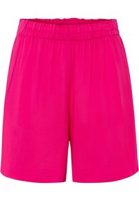 Bermudas rosas, ligeras, con una cintura elástica. Diseño simple y holgado con un corte recto y bordes rematados. Textura suave.