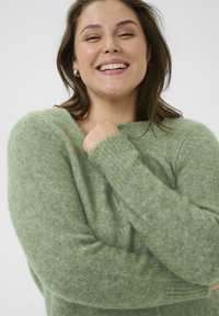 Pull vert en mélange de mohair avec des poignets côtelés et une coupe ample. La texture semble douce et duveteuse, avec un col large.