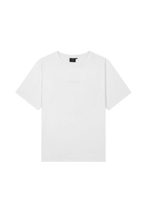Effen wit T-shirt met korte mouwen, een ronde hals en een subtiel tekstlogo op de borst.