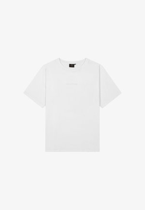 Effen wit T-shirt met korte mouwen, een ronde hals en een subtiel tekstlogo op de borst.