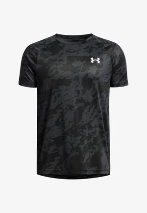 Czarna i ciemnoszara moro sportowa koszulka z krótkim rękawem, okrągłym dekoltem i białym logo Under Armour na piersi.