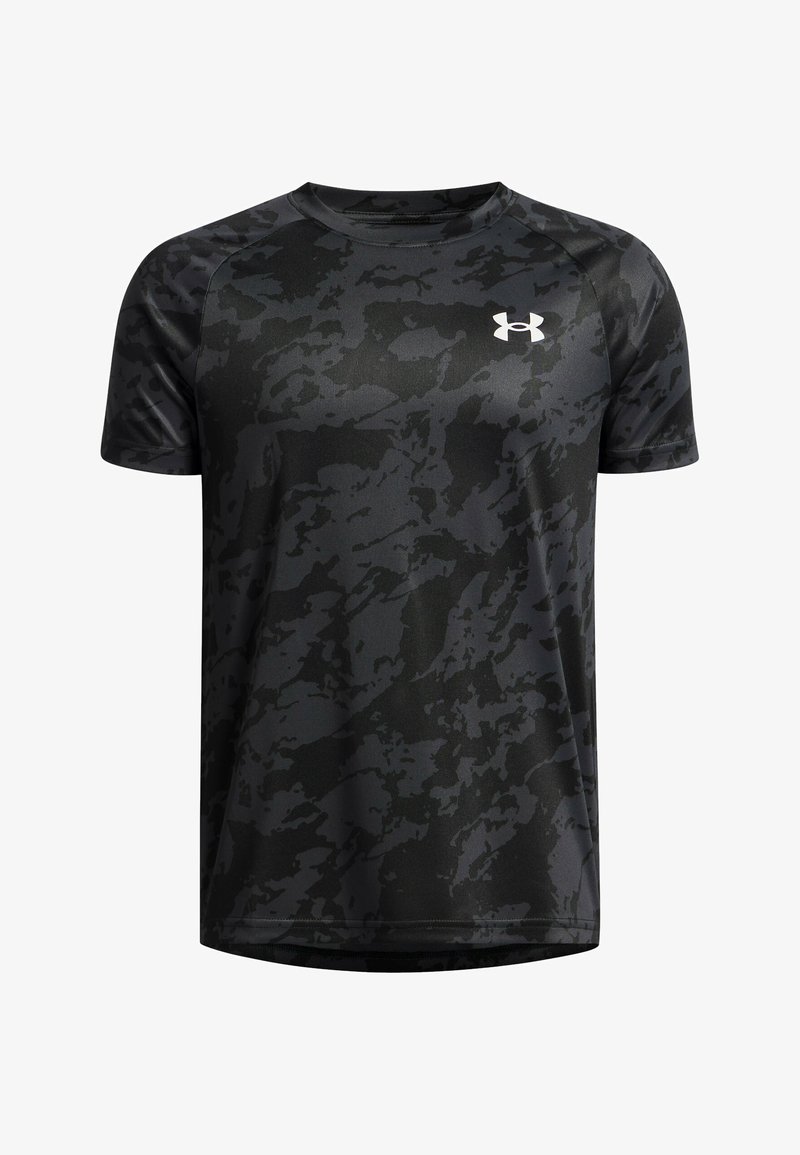 Black and dark gray camo short-sleeve athletic shirt with round neck and white Under Armour logo on the chest.