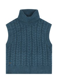Jersey de cuello alto sin mangas en color verde azulado, con un patrón de trenzas, cuello y dobladillo acanalados, hecho de una tela suave y texturizada.