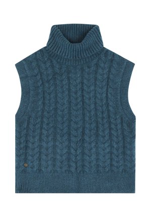 Jersey de cuello alto sin mangas en color verde azulado, con un patrón de trenzas, cuello y dobladillo acanalados, hecho de una tela suave y texturizada.