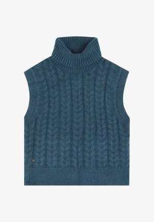 Teal mouwloze coltrui met een kabelgebreid patroon, geribbelde hals en zoom, gemaakt van een zachte, gestructureerde stof.