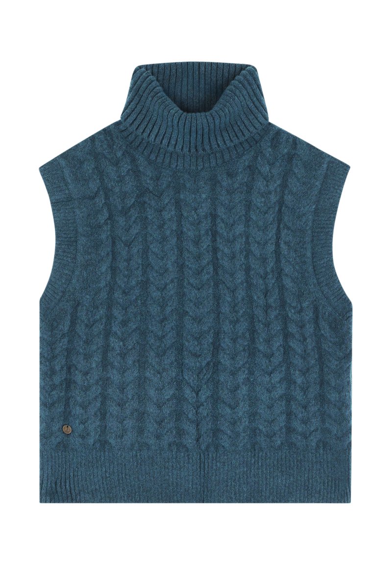 Jersey de cuello alto sin mangas en color verde azulado, con un patrón de trenzas, cuello y dobladillo acanalados, hecho de una tela suave y texturizada.