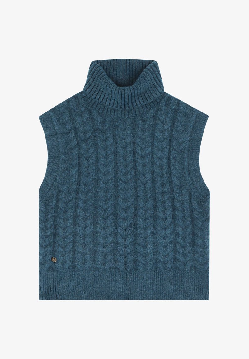 Jersey de cuello alto sin mangas en color verde azulado, con un patrón de trenzas, cuello y dobladillo acanalados, hecho de una tela suave y texturizada.