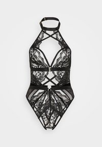 Body de encaje negro con cuello halter, tirantes cruzados y secciones transparentes. Incluye detalles de metal dorado y patrones intrincados de encaje.