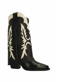 Zwarte leren cowboylaars met witte bloemaccenten, spitse neus, decoratieve stiksels op de vamp en een lage blokhak.