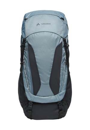 Sac à dos de randonnée bleu clair et noir avec bretelles rembourrées, plusieurs compartiments, et logo Vaude sur la partie supérieure avant.