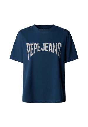 T-shirt blu navy a maniche corte con logo "PEPE JEANS" bianco consumato sul petto, su sfondo semplice.