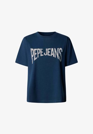 T-shirt blu navy a maniche corte con logo "PEPE JEANS" bianco consumato sul petto, su sfondo semplice.